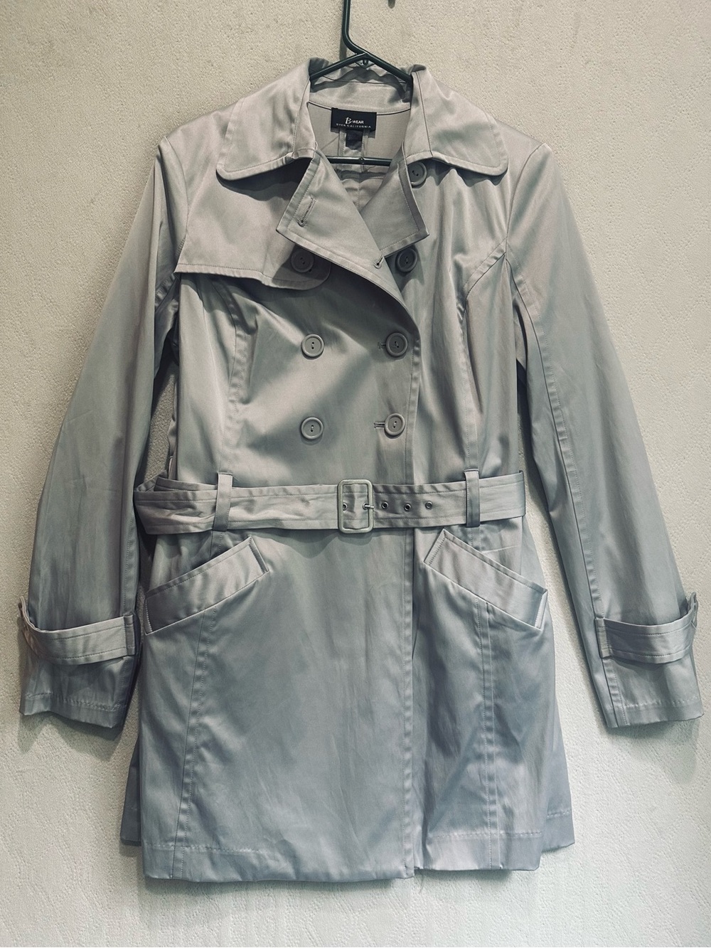 B-Wear Beyer Light Gray Satin Double-Breasted Belted Trench Rain Coat Sz L